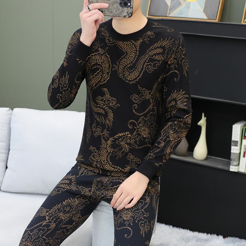 【Pure Cotton Set】High-End Men's Autumn Underwear Set Chinese Dragon Long Sleeve T-Shirt and Long Pants