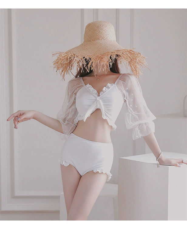 Nữ thần Sanya-Dongdaemun áo tắm trắng tiên nữ quạt ren dài tay áo tắm hai mảnh sexy suối nước nóng - Bộ đồ bơi hai mảnh
