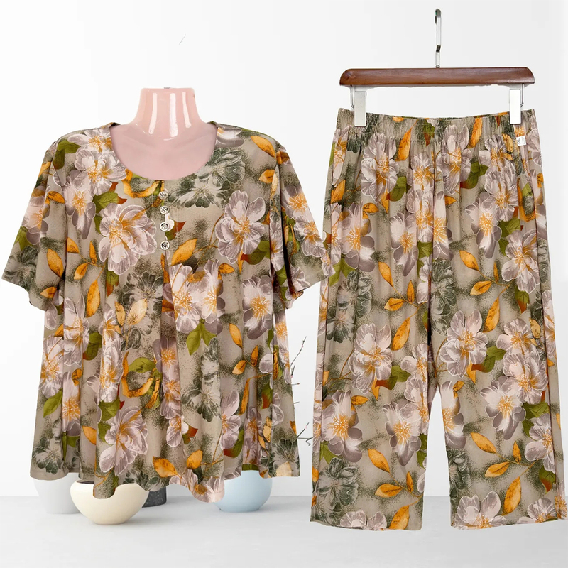 Fat Mom Ice Silk Suit Loose Plus Size 100kg Middle-Aged and Elderly Women's Summer Two-Piece Set to Cover Belly Fat Mom Ice Silk Suit Loose Plus Size 100kg Middle-Aged and Elderly Women's Summer Two-Piece Set to Cover Belly