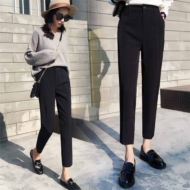 Summer suit trousers for women with slim figures and small feet, loose nine-point pants with high waist, straight pipe, black thin suit