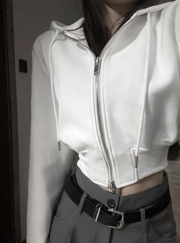 American-Style Street Fashion High-End Hooded Sweatshirt for Women, Spring and Autumn Short Thin Style, Waist-Cinching, Elegant Zipper, Lazy Style Bf Jacket