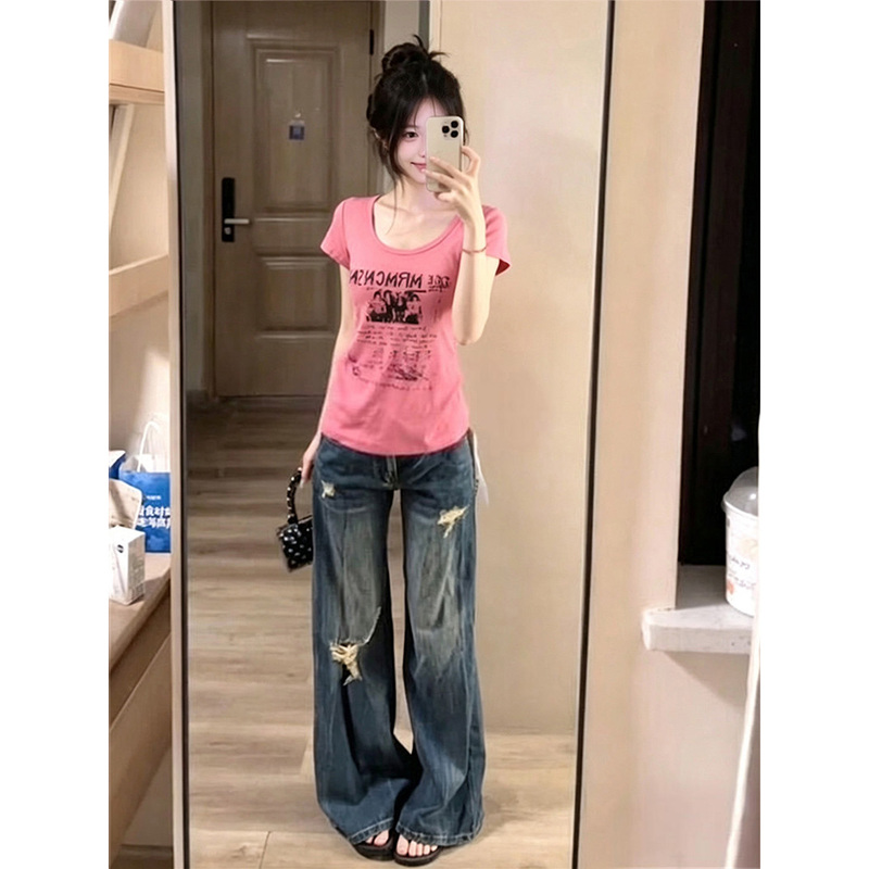 American-Style Patchwork Raspberry Pink Letter Short-Sleeve T-Shirt for Women, Summer Slim-Fit Design, Versatile and Casual Trendy Top