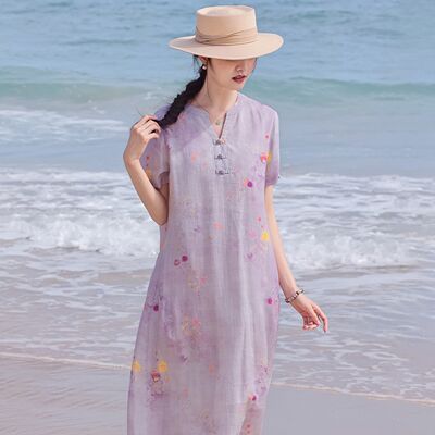 The 2026 new Chinese-style ramie dress is unique, beautiful, high-end, original cotton and linen artistic V-neck with floral prints, exuding a feminine summer charm