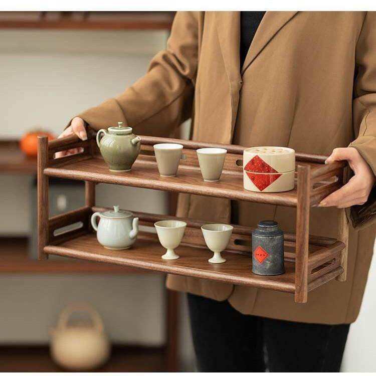 North American black walnut double-layer pot rack South American walnut wood storage rack Kung Fu tea set storage shelf purple sand teapot