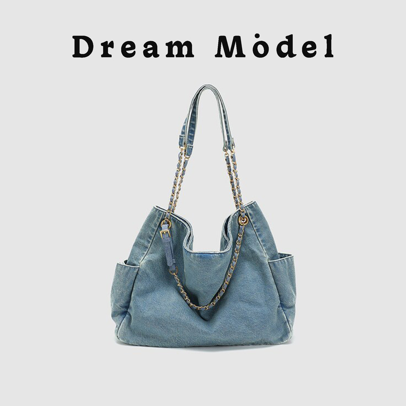 Dreammodel Denim Chain Tote Bag for Women, New Summer Style, Relaxed Feel, Large Capacity, Single Shoulder Crossbody Bag
