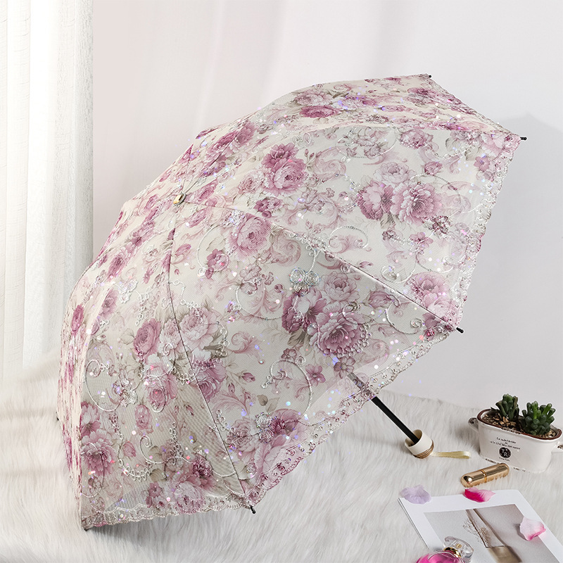 Princess Umbrella Lace Trim Umbrella Black Coating Dual-Use Sun and Rain Umbrella Uv Protection Foldable Embroidered Sun Umbrella for Women