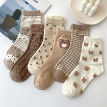 Japan Cute Japanese Series Socks Children Autumn Winter Pure Cotton Midtubes Socks Nets Red Cartoon Little Bear Socks Retro Plaid Tide