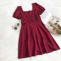 Square Collar Dress Skirt Woman 2020 Summer Korean version retro pure color wrinkled with slim short sleeve dress