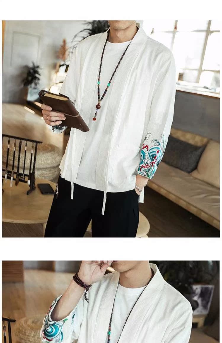 Áo khoác nam mùa thu cotton và vải lanh Trung Quốc thêu sóng gió Hanfu cardigan thanh niên cỡ lớn retro trang phục dân tộc những kiểu đồ bộ đẹp