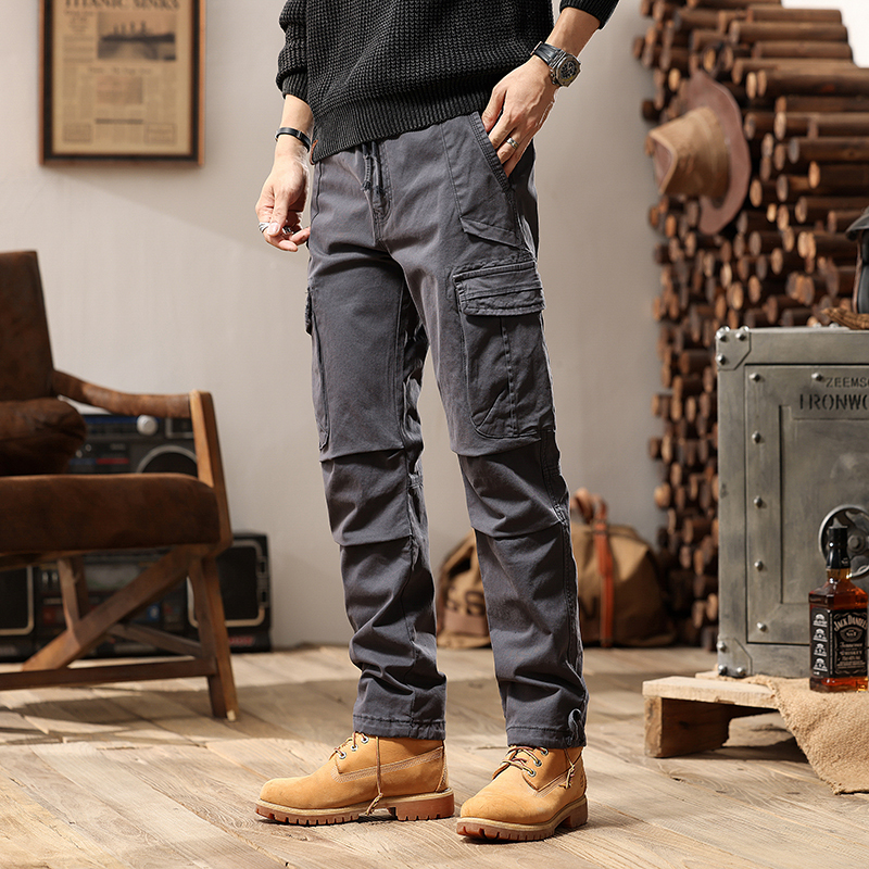 New American-Style Trendy Cargo Pants for Men, Casual and Stylish, Elastic Waist, Straight-Leg, Multi-Pocket, Youth Jogger Denim Trousers