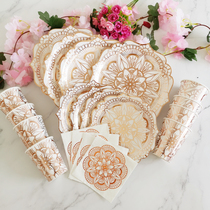 Rose flower disposable paper tableware set set paper cup paper paper cup tissue straw cake dish festival party supplies