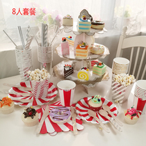 Hot silver red stripe party tableware high-end disposable birthday cake fork plate set tableware party dress