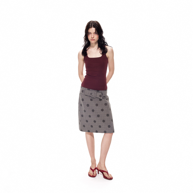 Seenthemoon* Retro Polka Dot Plaid Adjustable Belt Gray Khaki Straight Mid-Length Skirt