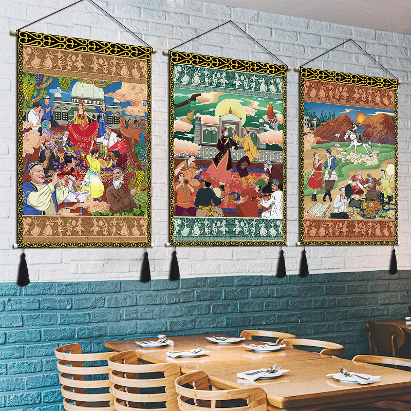Xinjiang ethnic festival elements cloth art hanging paintings hanging cloth themed dining room Dining Room Decoration Cloth Painting Hotel Folk Juku Tapestries