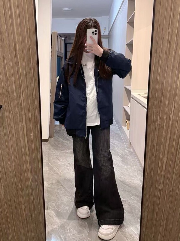 American Retro Flight Jacket for Women, Spring and Autumn Style, High-End Cleanfit Short Cotton Jacket with Lapel Baseball Jacket