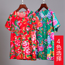 Northeast big flower cloth short-sleeved t-shirt clothes men and women ethnic style tops tide dance clothes two people turn performance clothes vibrato