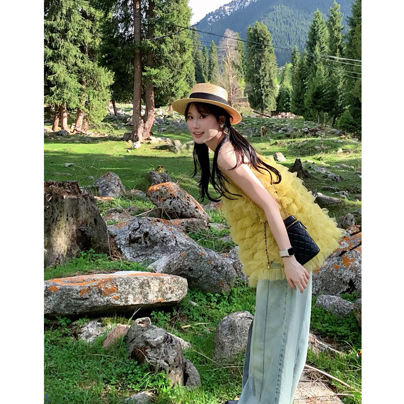 Yoyo LAOSHU Xinjiang Sichuan Plateau Grassland Yunnan Bright Dopamine Outfit Yellow Age-Reducing Dress for Women