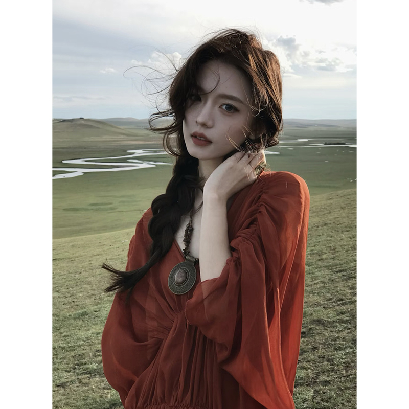 Yoyo's LAOSHU Xinjiang Travel Outfit, Red Dress for the Northwest, Red Dress for Lake Saikooluk, Long Dress
