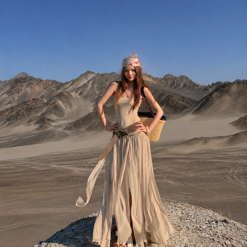Dunhuang Desert in Northwest China, Qinghai-Gansu Grand Loop Tour, Travel Outfit, Wasteland Style, Black Dushan Photo Shoot Dress for Women