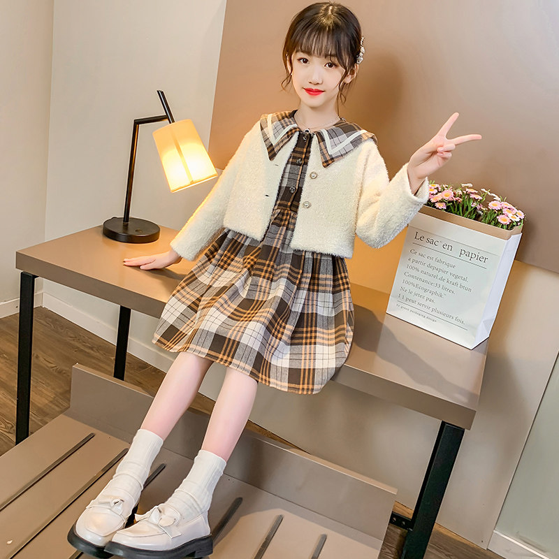 Girls Autumn Dress 2022 New Western Style Princess Dress Children Autumn Net Red Vest College Wind Suit Skirt