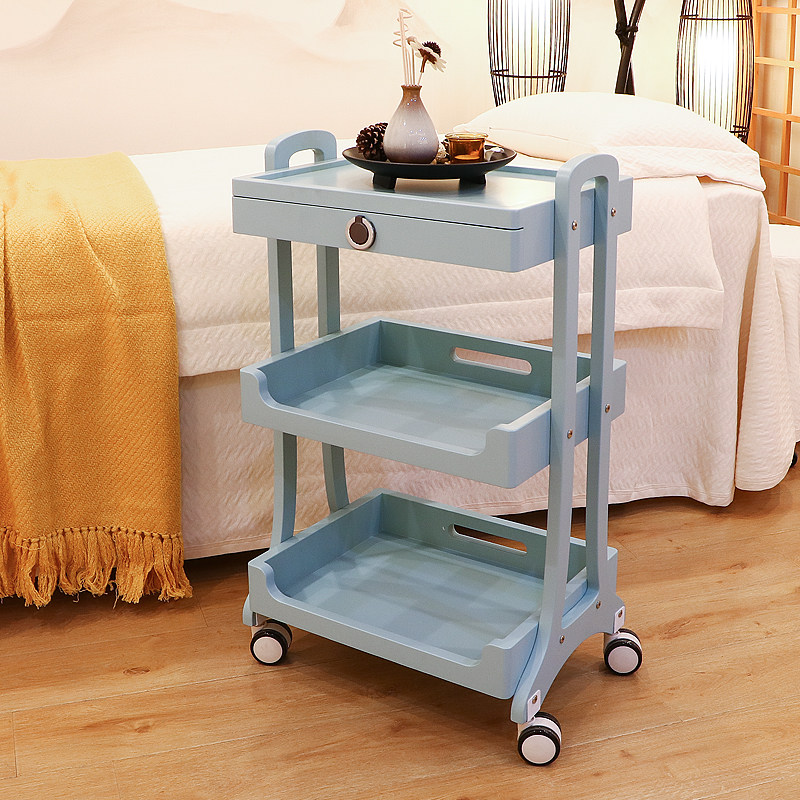 High-quality beauty salon trolley Solid wood nail hair texture embroidery skin management tool cart three layers with drawer storage