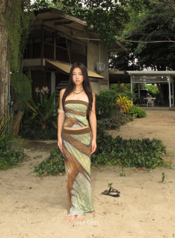 Lileben Forest Elf Spring/Summer Mesh Print Patchwork Tube Top + Cuffed Slit Long Skirt Set
