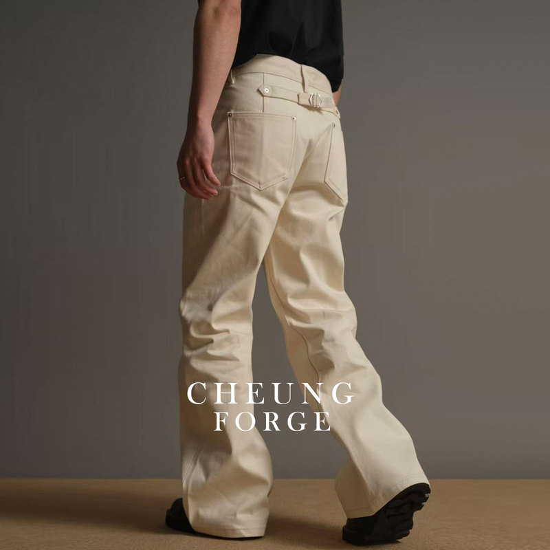 Cheung Forge Japanese Raw Denim Loose Flared Jeans with Red Edges and Paris Buckle in Old Money Style