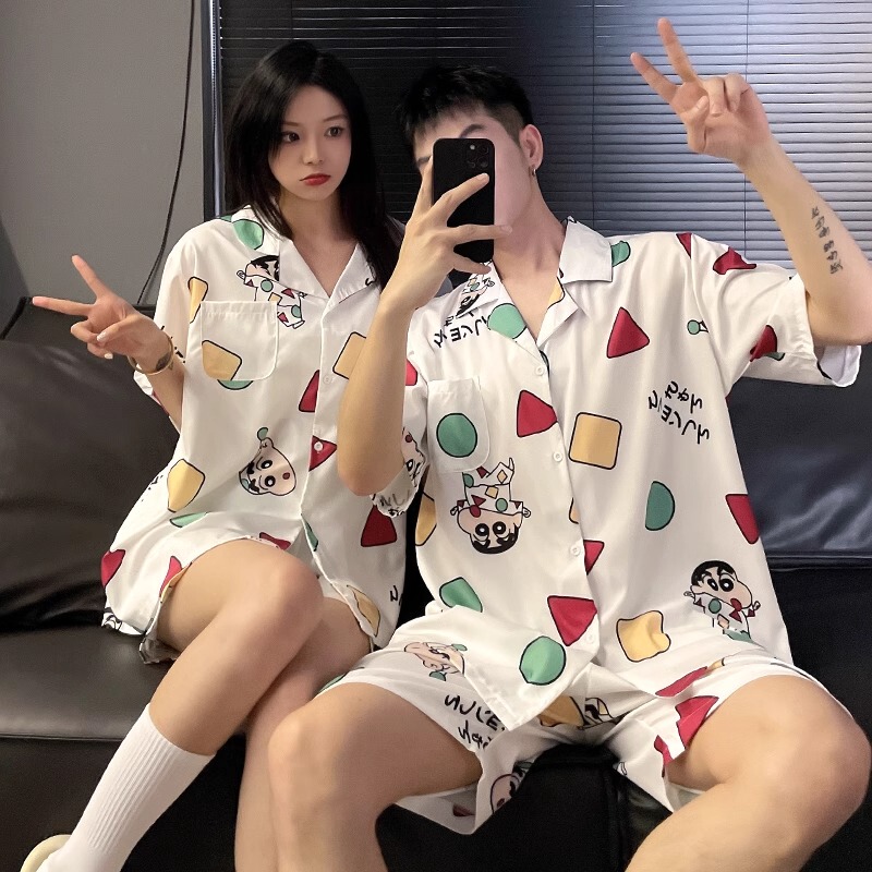 Couple Pajamas for Women, Summer Ice Silk Short-Sleeved Thin Style, Men's Cute Cartoon Shin-Chan Silk Summer Loungewear Set