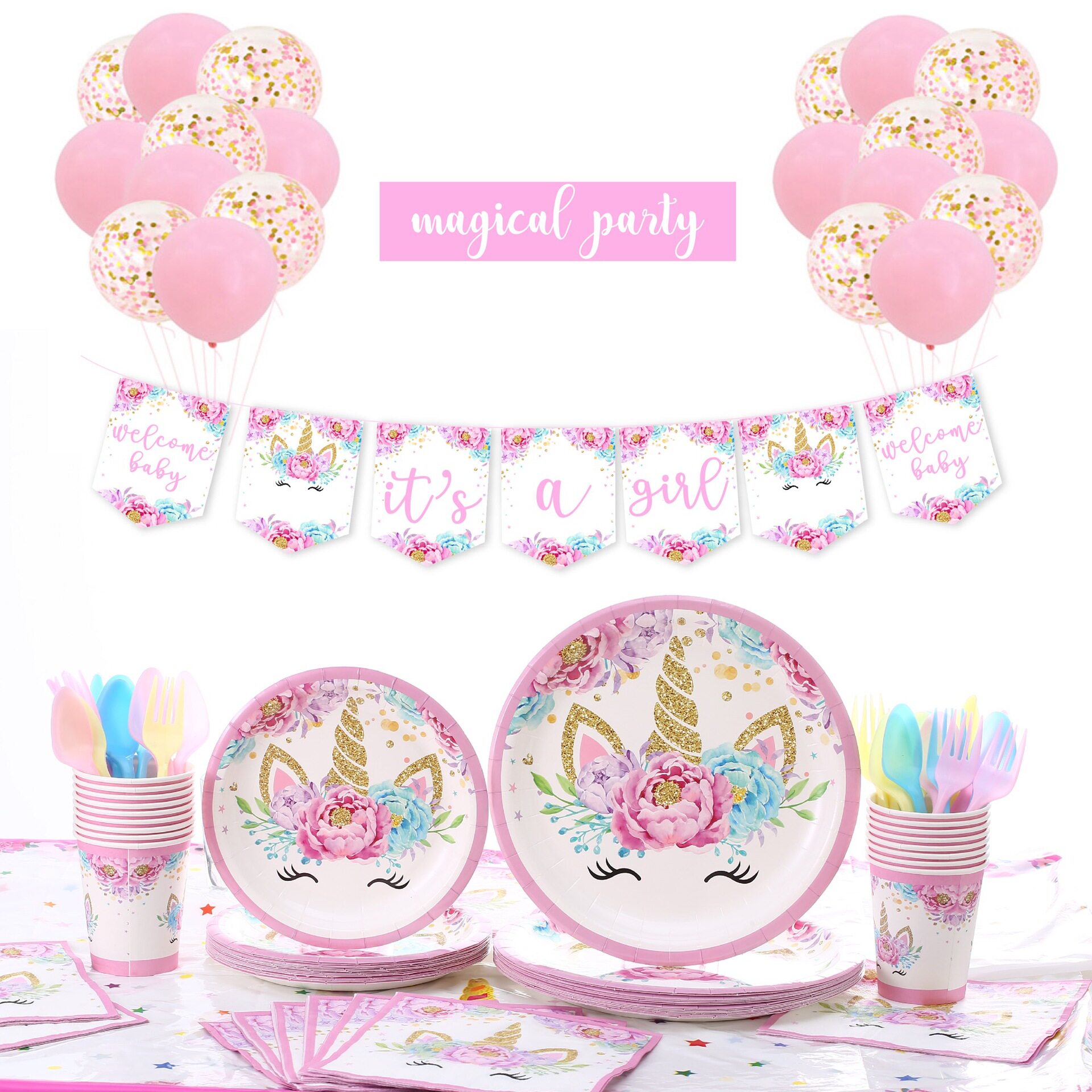 ins wind unicorn themed birthday party decorations arranged tableware Unicorn Baby Shower Party