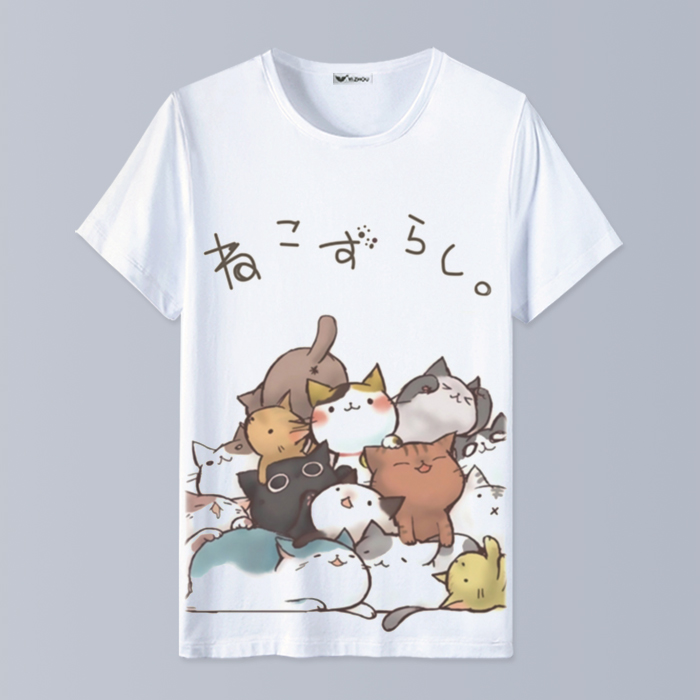 Mèo Sân Sau T-Shirt Ngắn Tay Áo Phim Hoạt Hình Dễ Thương Demi Anime Khoảng Hai Nhân Dân Tệ Quần Áo Nam Giới và Phụ Nữ Tops Mùa Hè sticker cute đồ ăn