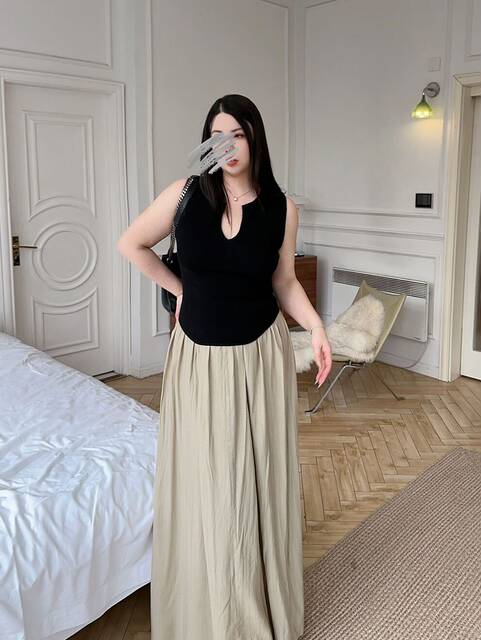 New Chinoiserie] Apricot Linen Pleated Retro Slimming Look High-End Lazy Style Skirt High Waist Covering Crotch Large Size Slimming Look
