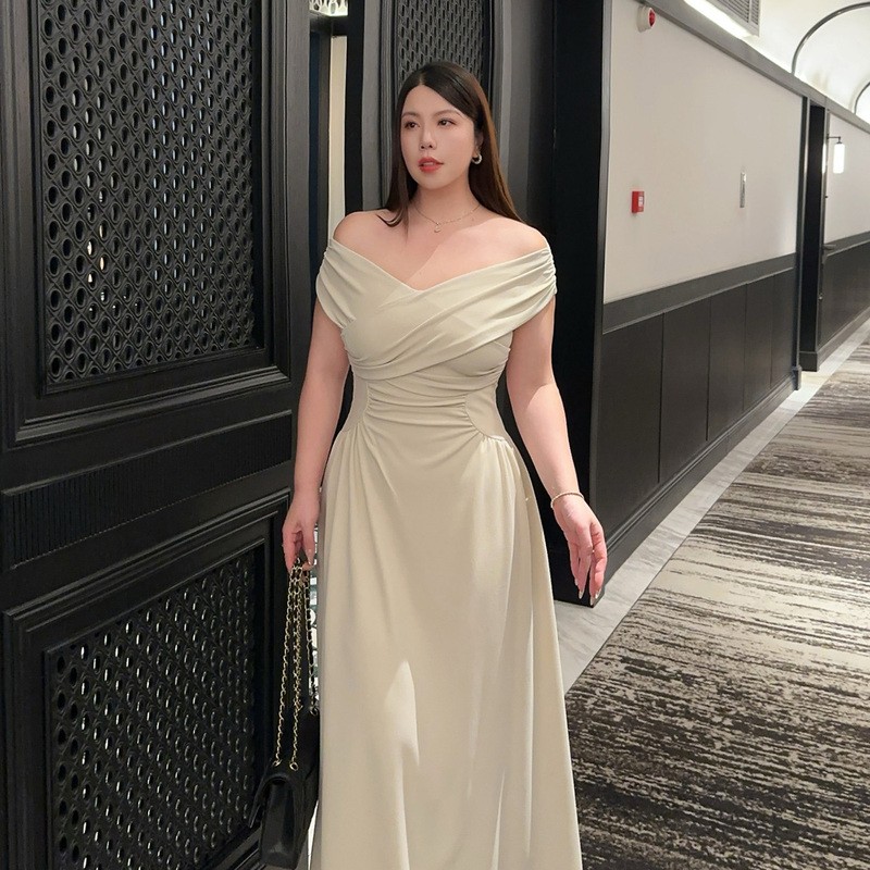 Retro Elegant Slimming One-Shoulder Mini Dress with a Cinched Waist, Elegant and Luxurious Long French Style Plus Size Dress Retro Elegant Slimming One-Shoulder Mini Dress with a Cinched Waist, Elegant and Luxurious Long French Style Plus Size Dress