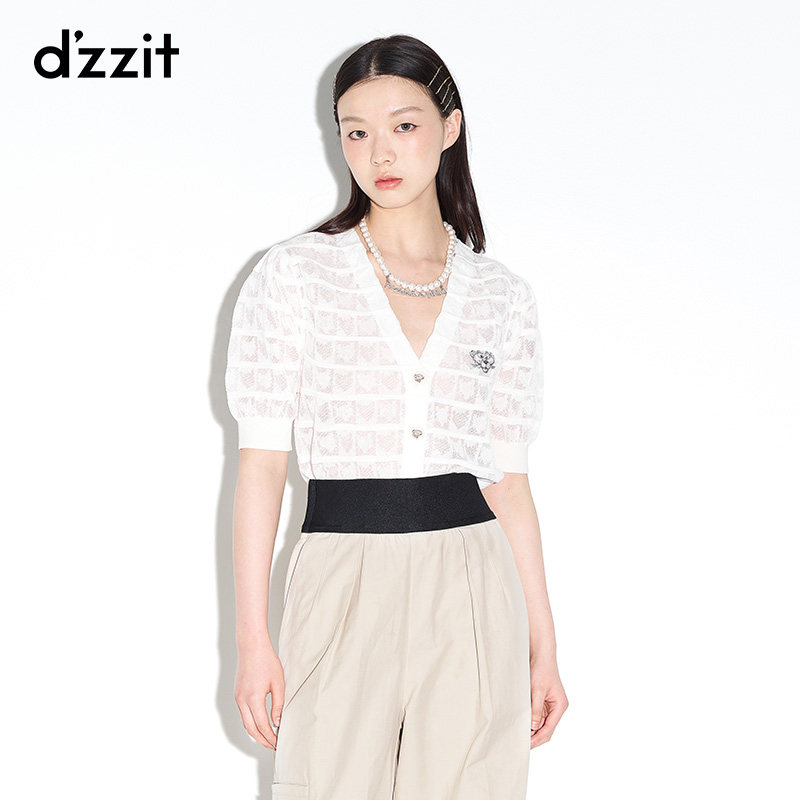 dzzit small ground vegan spring summer new ladies wind bubble blouse blouse pink leopard short V collar knit cardigan