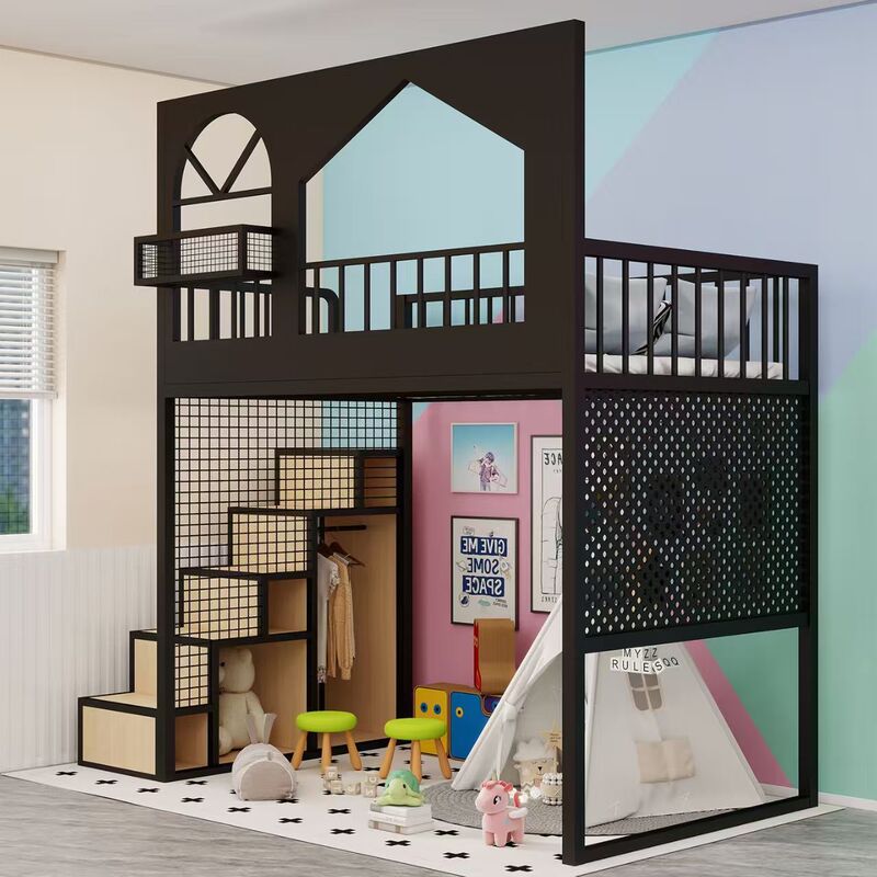 Small Apartment Wrought Iron Loft Bed Double Bed with Desk Underneath Space-Saving Bunk Bed with Ladder and Cabinet Duplex Second Floor Bed