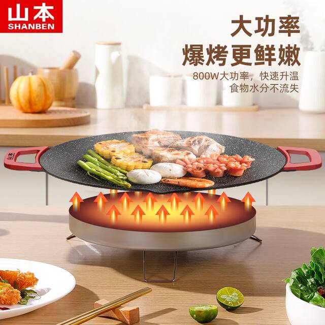 Yamamoto Electric Grill Pan for Home Use, Smokeless Non-Stick Grill Pan, Multifunctional Electric Barbecue Plate, Chinese-Style Barbecue Plate