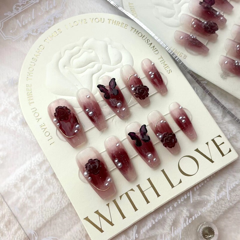 Real Photos of Handmade Wearable Nails: Hot Girl Wine Red Camellia Butterfly Brightening Bride Cherry Red Pearl Blush Nails