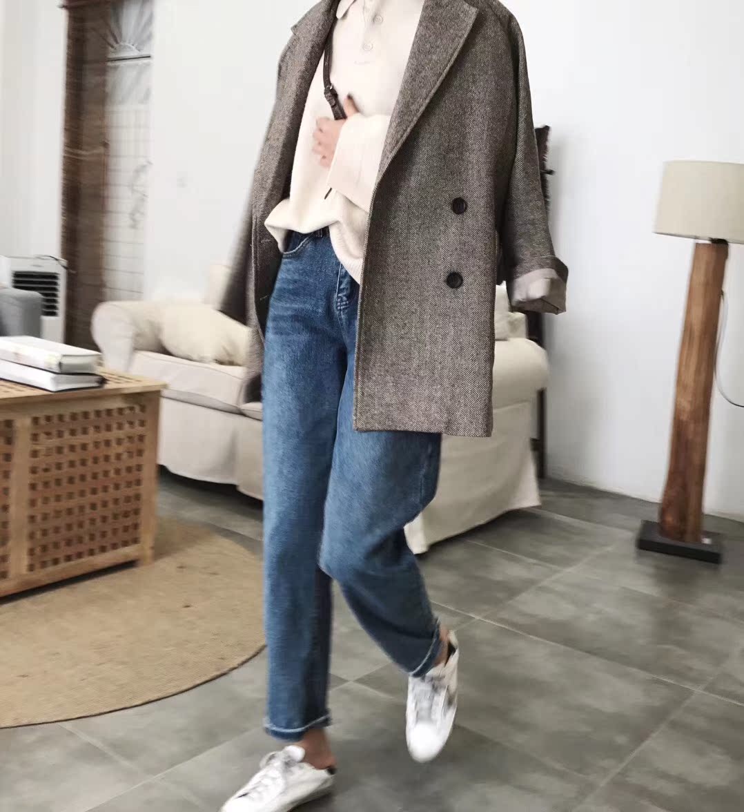 Phiên bản Hàn Quốc phiên bản lớn của họa tiết xương cá phù hợp với thiết kế thả vai giản dị mỏng 2018 thu đông thoi trang cong so