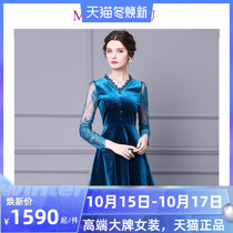 Golden Velvet Dress Womens Skirt 2021 Spring New Temperament Lace V-neck A- line dress Long Sleeve Dress Tide