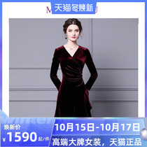 Golden velvet dress womens dress 2021 spring new wine red V collar irregular skirt ruffled skirt