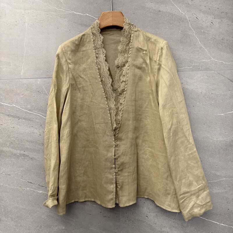 European-Style Faux Two-Piece Elegant V-Neck Lace-Trimmed Ramie Shirt for Women, Long-Sleeve Versatile Button-Up Top, Simple Blouse European-Style Faux Two-Piece Elegant V-Neck Lace-Trimmed Ramie Shirt for Women, Long-Sleeve Versatile Button-Up Top, Simple Blouse