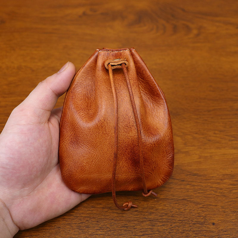 New First-Layer Cowhide Drawstring Coin Purse, Vintage Genuine Leather Walnut Bag, Storage Pouch, Drawstring Bag, Casual Clutch Bag