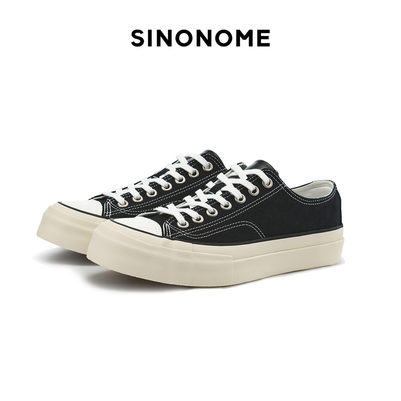 Sinonome Classic Sports Black and White Low-Top Thick-Soled Height-Increasing Vulcanized Cowhide Full Cotton Canvas Shoes for Men and Women