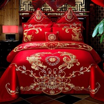 Wedding four-piece big red cotton embroidery new wedding bedding cotton dragon and phoenix quilt cover European wedding bedding