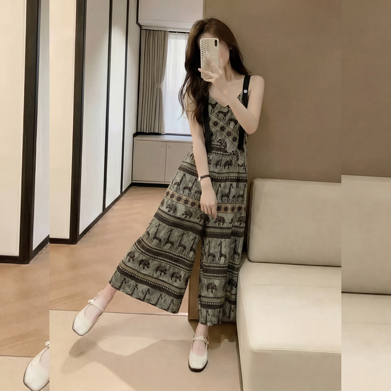 Vintage Slim-Fit Loose Wide-Leg Jumpsuit Plus-Size Casual V-Neck Overalls for Women 2026 Summer