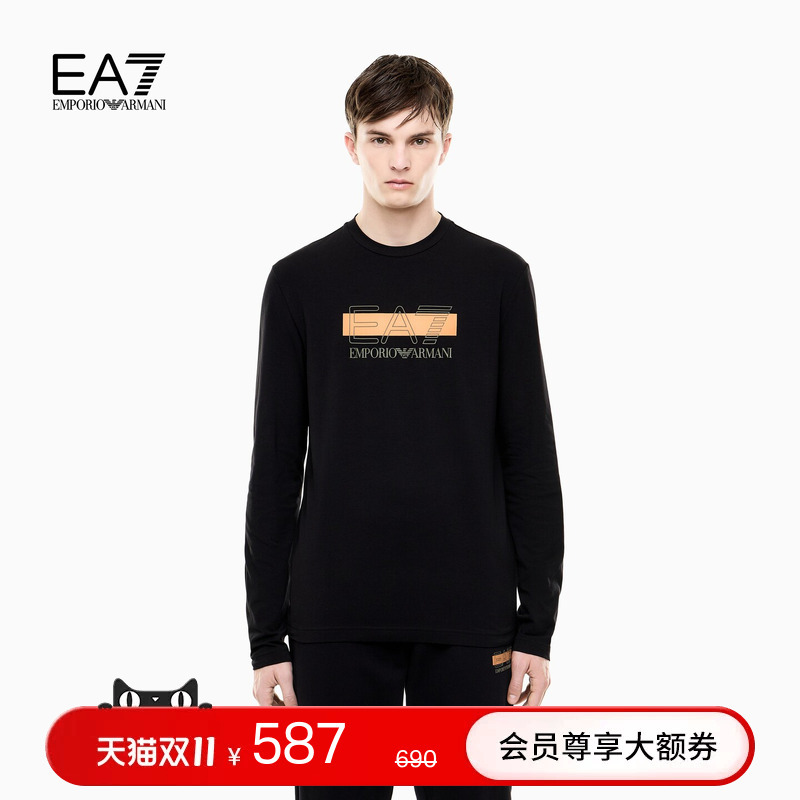 Emporio Armani/Armani Ea7/Autumn and Winter New Men's Round Neck Long-Sleeved Printed Sports Stretch Cotton T-Shirt