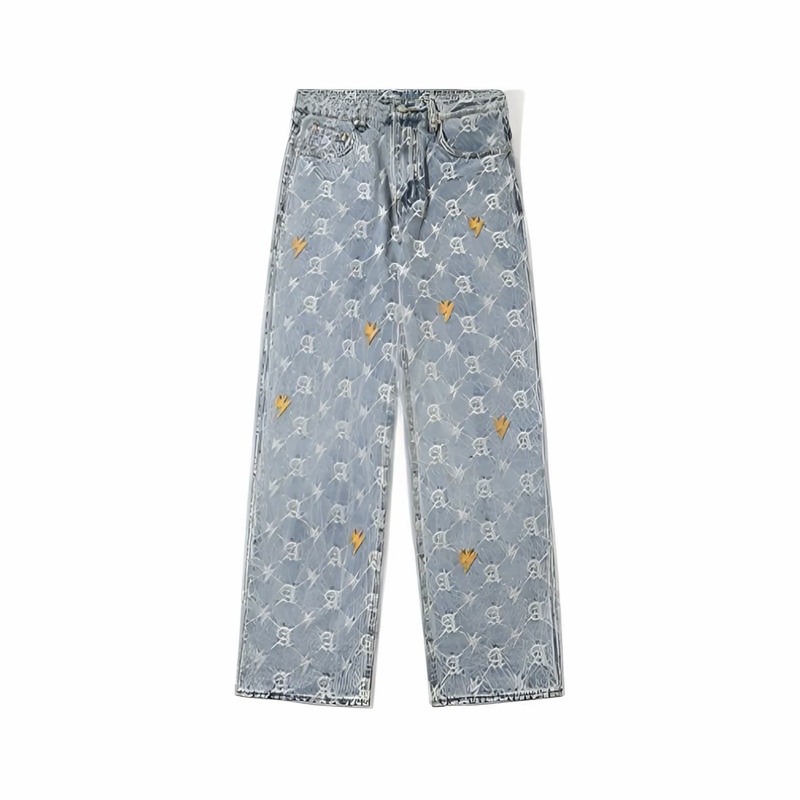 【Presbyopic Jeans】Lao Bai's Same Style Jacquard Patch Leather Lightning Jeans, Cool and Trendy Loose Straight-Leg Pants