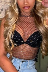 Anchor ins Internet celebrity fishnet hot diamond blouse sexy short hollow top women's sleeveless bright diamond T-shirt trendy vest