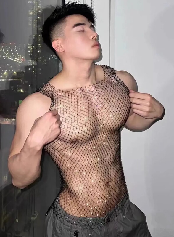 Fishnet Rhinestone Sexy Men's Tank Top T-Shirt Nightclub Disco See-Through Top Hot Rhinestone Versatile Hollow Mesh Men's Trendy Fishnet Rhinestone Sexy Men's Tank Top T-Shirt Nightclub Disco See-Through Top Hot Rhinestone Versatile Hollow Mesh Men's Trendy