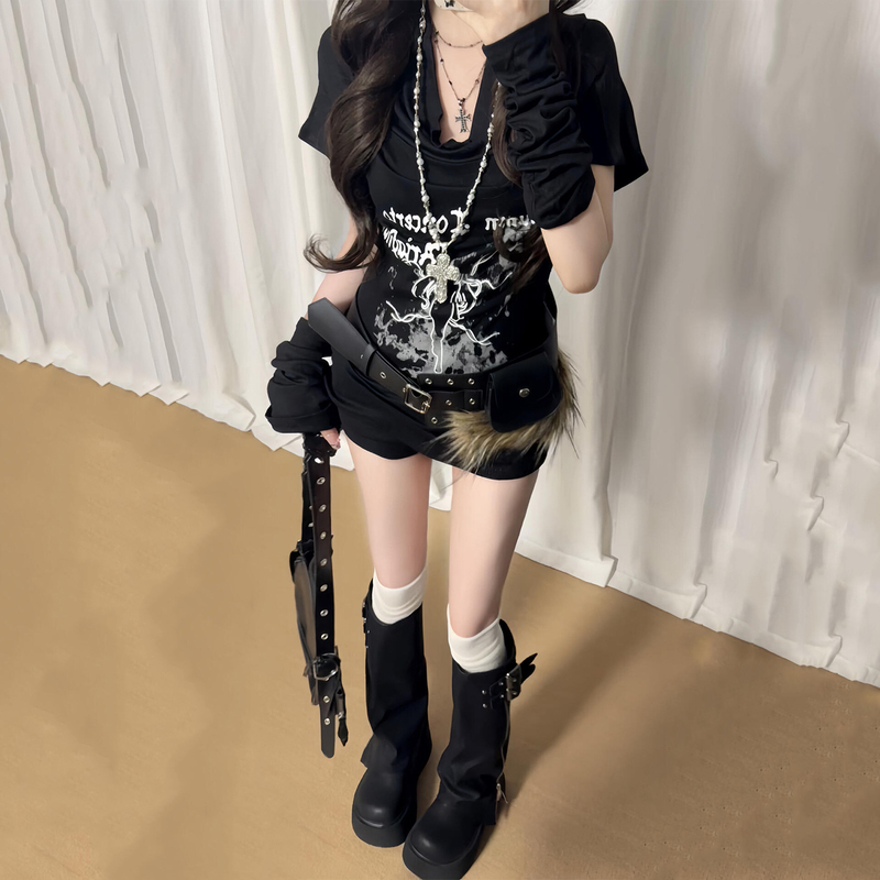 Yunnnie Y2K Punk Style Lace-Up T-Shirt for Women, Unique Design, Waist-Cinching, Slimming, Vintage Top