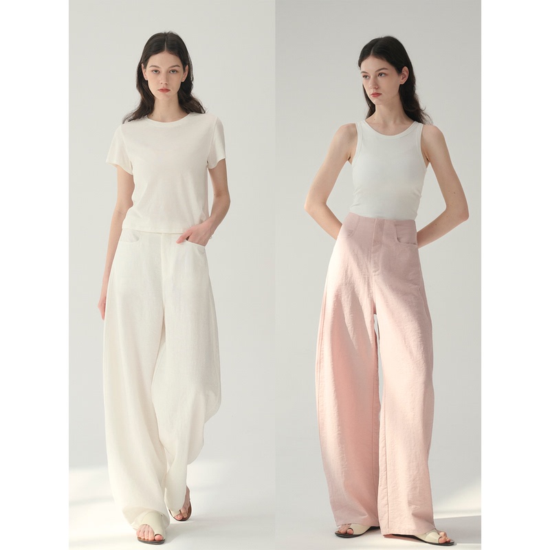 Maison Cecile Multi-Color/Linen Comfortable Versatile Casual Pants with a Slimming Effect and Curved Hem